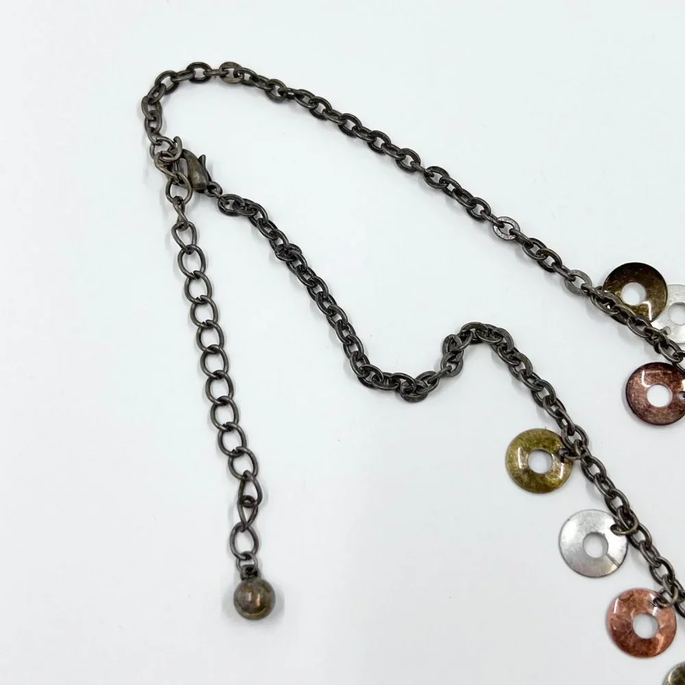 BOHO Vibes Tri-Colored Disk Dangle Brass Tone 14” Chain Choker Necklace - Picture 6 of 8